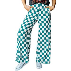 imageAcelitt Womens Casual Checkered Pants Elastic Waist Comfy Loose Wide Leg Pants with PocketsGreen and White