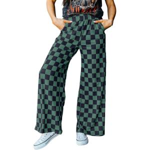 imageAcelitt Womens Casual Checkered Pants Elastic Waist Comfy Loose Wide Leg Pants with PocketsHblack and Green