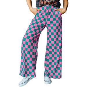 imageAcelitt Womens Casual Checkered Pants Elastic Waist Comfy Loose Wide Leg Pants with PocketsHpink and Green