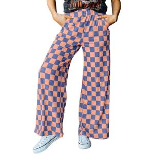 imageAcelitt Womens Casual Checkered Pants Elastic Waist Comfy Loose Wide Leg Pants with PocketsOrange and Blue