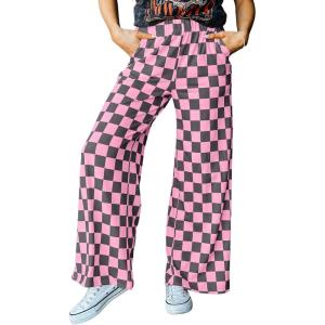 imageAcelitt Womens Casual Checkered Pants Elastic Waist Comfy Loose Wide Leg Pants with PocketsPink