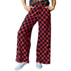 imageAcelitt Womens Casual Checkered Pants Elastic Waist Comfy Loose Wide Leg Pants with PocketsYblack and Red
