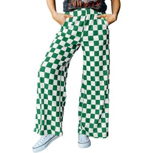 imageAcelitt Womens Casual Checkered Pants Elastic Waist Comfy Loose Wide Leg Pants with PocketsYgreen and White
