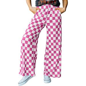 imageAcelitt Womens Casual Checkered Pants Elastic Waist Comfy Loose Wide Leg Pants with PocketsYpink and White