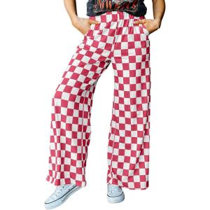 imageAcelitt Womens Casual Checkered Pants Elastic Waist Comfy Loose Wide Leg Pants with PocketsYred and White