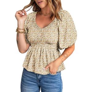 imageAcelitt Womens Spring Summer Puff Short Sleeve Peplum Top Casual V Neck Smocked Blouses Dressy ShirtCgreen