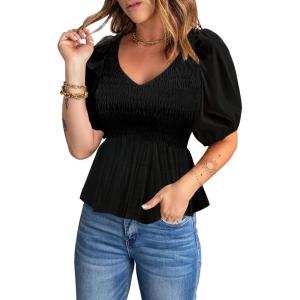 imageAcelitt Womens Spring Summer Puff Short Sleeve Peplum Top Casual V Neck Smocked Blouses Dressy ShirtDablack