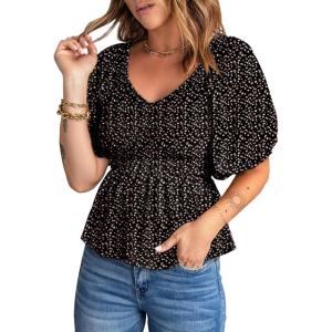 imageAcelitt Womens Spring Summer Puff Short Sleeve Peplum Top Casual V Neck Smocked Blouses Dressy ShirtDz Black