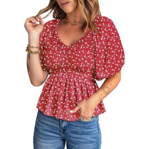 imageAcelitt Womens Spring Summer Puff Short Sleeve Peplum Top Casual V Neck Smocked Blouses Dressy ShirtDz Red02
