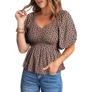 imageAcelitt Womens Spring Summer Puff Short Sleeve Peplum Top Casual V Neck Smocked Blouses Dressy ShirtDz Zbrown