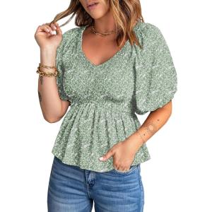 imageAcelitt Womens Spring Summer Puff Short Sleeve Peplum Top Casual V Neck Smocked Blouses Dressy ShirtDz Zgreen02