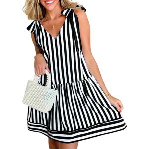 imageAcelitt Womens Summer Sleeveless Striped Dresses Casual Loose V Neck Flowy Ruffle Babydoll Dress Beach Vacation SundressBlack and White Stripe