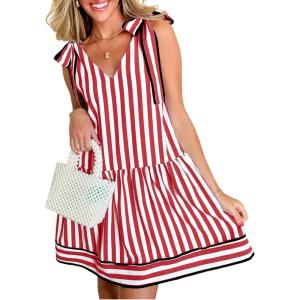 imageAcelitt Womens Summer Sleeveless Striped Dresses Casual Loose V Neck Flowy Ruffle Babydoll Dress Beach Vacation SundressRed and White Stripe
