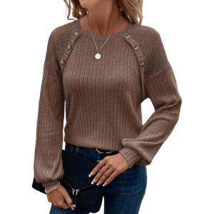 imageAcelitt Womens Fall Long Sleeve Tunic Tops Casual Crew Neck Dressy Shirt Lace Patchwork Blouses Pullover SweatersBrown