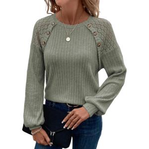 imageAcelitt Womens Fall Long Sleeve Tunic Tops Casual Crew Neck Dressy Shirt Lace Patchwork Blouses Pullover SweatersLaurel Green