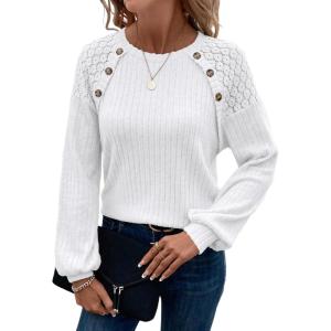imageAcelitt Womens Fall Long Sleeve Tunic Tops Casual Crew Neck Dressy Shirt Lace Patchwork Blouses Pullover SweatersWhite