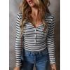 imageAcelitt Womens Fall Tops Casual Long Sleeve Striped Color Block Ribbed Knit Button Down V Neck Shirts Slim Fitted Henley TopsBlack and Gray Striped