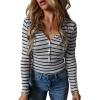 imageAcelitt Womens Fall Tops Casual Long Sleeve Striped Color Block Ribbed Knit Button Down V Neck Shirts Slim Fitted Henley TopsBlack and Gray Striped