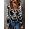 imageAcelitt Womens Fall Tops Casual Long Sleeve Striped Color Block Ribbed Knit Button Down V Neck Shirts Slim Fitted Henley TopsBlack and White