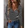 imageAcelitt Womens Fall Tops Casual Long Sleeve Striped Color Block Ribbed Knit Button Down V Neck Shirts Slim Fitted Henley TopsBlack and White