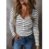 imageAcelitt Womens Fall Tops Casual Long Sleeve Striped Color Block Ribbed Knit Button Down V Neck Shirts Slim Fitted Henley TopsBlack and White Striped