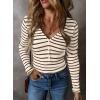 imageAcelitt Womens Fall Tops Casual Long Sleeve Striped Color Block Ribbed Knit Button Down V Neck Shirts Slim Fitted Henley TopsBrown and White Striped
