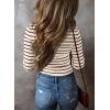 imageAcelitt Womens Fall Tops Casual Long Sleeve Striped Color Block Ribbed Knit Button Down V Neck Shirts Slim Fitted Henley TopsBrown and White Striped