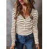 imageAcelitt Womens Fall Tops Casual Long Sleeve Striped Color Block Ribbed Knit Button Down V Neck Shirts Slim Fitted Henley TopsBrown and White Striped