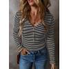imageAcelitt Womens Fall Tops Casual Long Sleeve Striped Color Block Ribbed Knit Button Down V Neck Shirts Slim Fitted Henley TopsGray Striped