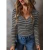 imageAcelitt Womens Fall Tops Casual Long Sleeve Striped Color Block Ribbed Knit Button Down V Neck Shirts Slim Fitted Henley TopsGray Striped