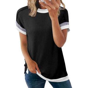 imageAcelitt Women Casual Short Sleeve Crewneck Loose Color Block Ribbed T Shirts Tops SXXLBlack