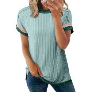 imageAcelitt Women Casual Short Sleeve Crewneck Loose Color Block Ribbed T Shirts Tops SXXLGreen