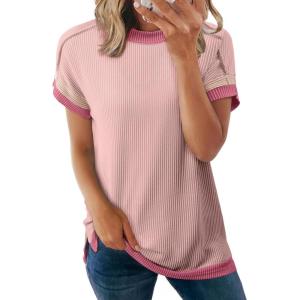 imageAcelitt Women Casual Short Sleeve Crewneck Loose Color Block Ribbed T Shirts Tops SXXLPink