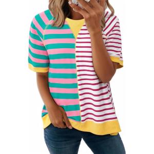 imageAcelitt Womens Casual Summer Short Sleeve Crewneck Color Block Sweatshirts TShirts Tops SXXLRed