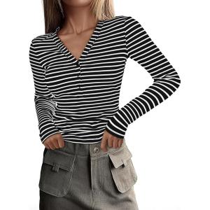imageAcelitt Womens Fall Tops Casual Long Sleeve Striped Color Block Ribbed Knit Button Down V Neck Shirts Slim Fitted Henley TopsBlack and White