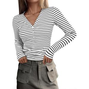 imageAcelitt Womens Fall Tops Casual Long Sleeve Striped Color Block Ribbed Knit Button Down V Neck Shirts Slim Fitted Henley TopsBlack and White Striped
