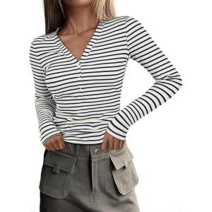 imageAcelitt Womens Fall Tops Casual Long Sleeve Striped Color Block Ribbed Knit Button Down V Neck Shirts Slim Fitted Henley TopsBlue and White Striped