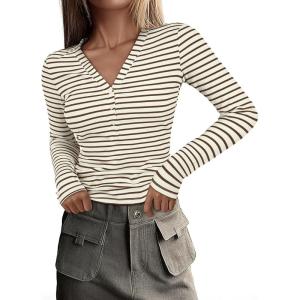 imageAcelitt Womens Fall Tops Casual Long Sleeve Striped Color Block Ribbed Knit Button Down V Neck Shirts Slim Fitted Henley TopsBrown and White Striped
