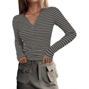 imageAcelitt Womens Fall Tops Casual Long Sleeve Striped Color Block Ribbed Knit Button Down V Neck Shirts Slim Fitted Henley TopsGray Striped