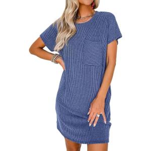 imageAcelitt Womens Casual Summer Crewneck Short Sleeve Ribbed Mini Tshirt Dress XS3XL5 Blue