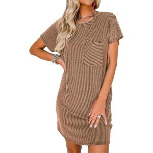 imageAcelitt Womens Casual Summer Crewneck Short Sleeve Ribbed Mini Tshirt Dress XS3XL5 Brown Red