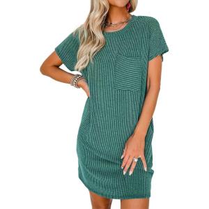 imageAcelitt Womens Casual Summer Crewneck Short Sleeve Ribbed Mini Tshirt Dress XS3XL5 Green2