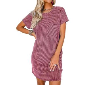 imageAcelitt Womens Casual Summer Crewneck Short Sleeve Ribbed Mini Tshirt Dress XS3XL5 Red