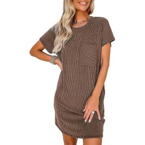 imageAcelitt Womens Casual Summer Crewneck Short Sleeve Ribbed Mini Tshirt Dress XS3XL6 Brown