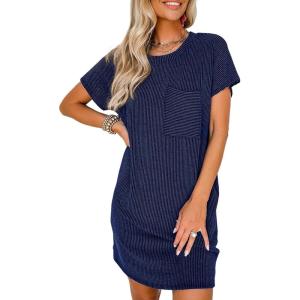 imageAcelitt Womens Casual Summer Crewneck Short Sleeve Ribbed Mini Tshirt Dress XS3XL6 Navy Blue