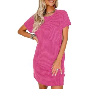 imageAcelitt Womens Casual Summer Crewneck Short Sleeve Ribbed Mini Tshirt Dress XS3XL6 Rose