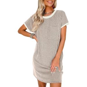 imageAcelitt Womens Casual Summer Crewneck Short Sleeve Ribbed Mini Tshirt Dress XS3XL7 Beige2