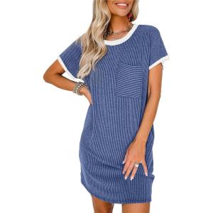 imageAcelitt Womens Casual Summer Crewneck Short Sleeve Ribbed Mini Tshirt Dress XS3XL7 Blue