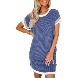 imageAcelitt Womens Casual Summer Crewneck Short Sleeve Ribbed Mini Tshirt Dress XS3XL9 Blue