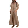 imageAcelitt Women Casual Trendy Summer Crewneck Puff Sleeve Midi Dress SXXLKhaki